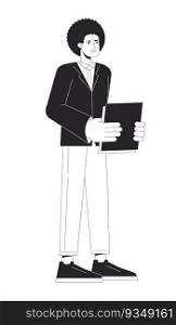African american employee holding paperwork bw vector spot illustration. Businessperson standing 2D cartoon flat line monochromatic character for web UI design. Editable isolated outline hero image. African american employee holding paperwork bw vector spot illustration