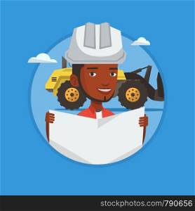 African-american engineer in hard hat holding a blueprint on the background of excavator. Engineer in helmet watching a blueprint. Vector flat design illustration in the circle isolated on background.. Confident builder watching blueprint.