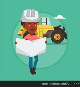 African-american engineer in hard hat holding a blueprint on the background of excavator. Engineer in helmet watching a blueprint. Vector flat design illustration in the circle isolated on background.. Engineer watching a blueprint vector illustration.