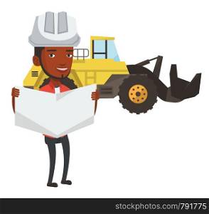 African-american engineer in helmet watching a blueprint. Young man with engineer blueprint. An engineer in hard hat holding a blueprint. Vector flat design illustration isolated on white background.. Engineer watching a blueprint vector illustration.