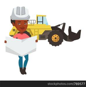 African-american engineer in helmet watching a blueprint. Young woman with engineer blueprint. An engineer in hard hat holding a blueprint. Vector flat design illustration isolated on white background. Engineer watching a blueprint vector illustration.