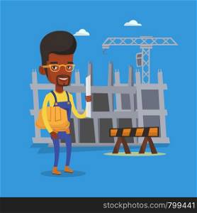 African-american engineer with a blueprint at construction site. Engineer holding hard hat and twisted blueprint. Engineer checking construction works. Vector flat design illustration. Square layout.. Engineer with hard hat and blueprint.
