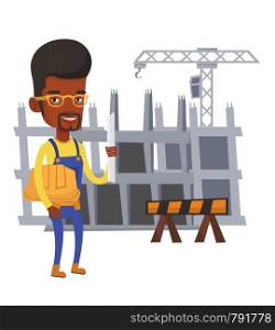 African-american engineer with a blueprint. Engineer holding a twisted blueprint and hard hat. An engineer checking construction works. Vector flat design illustration isolated on white background.. Engineer with hard hat and blueprint.
