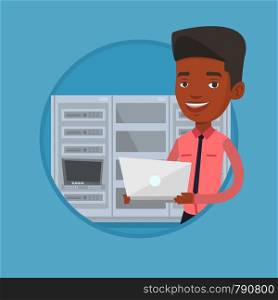 African-american engineer with laptop working in network server room. Young smiling network engineer using laptop in server room. Vector flat design illustration in the circle isolated on background.. Engineer working on laptop in network server room.
