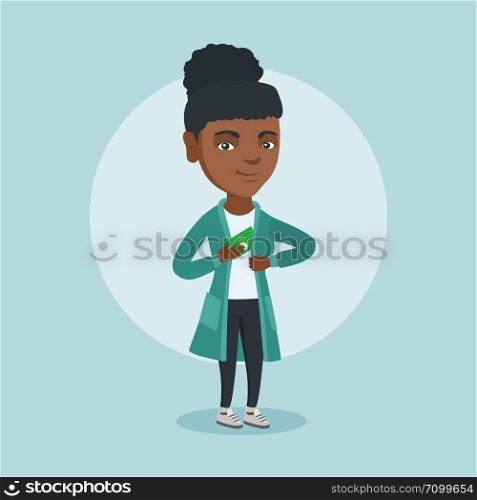 African-american executive putting bribe in her pocket. Young executive hiding bribe in the pocket of jacket. Bribery and corruption concept. Vector cartoon illustration. Square layout.. Young african executive hiding bribe in pocket.