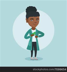 African-american executive putting bribe in her pocket. Young executive hiding bribe in the pocket of jacket. Bribery and corruption concept. Vector cartoon illustration. Square layout.. Young african executive hiding bribe in pocket.