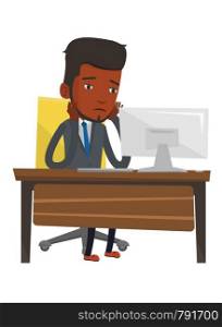 African-american exhausted employee sitting at workplace in front of computer. Overworked tired employee working with head propped on hand. Vector flat design illustration isolated on white background. Exhausted sad employee working in office.