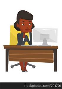 African-american exhausted employee sitting at workplace in front of computer. Overworked tired employee working with head propped on hand. Vector flat design illustration isolated on white background. Exhausted sad employee working in office.