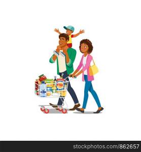 African-American Family Cartoon Vector Characters Walking with Supermarket Shopping Cart Full of Food Products Isolated on White Background. Parents with Son Buying Groceries, Making Purchases in Shop