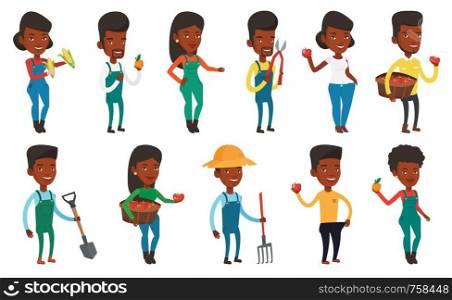 African-american farmer holding a pitchfork. Farmer in summer hat standing with a pitchfork. Young farmer working with a pitchfork. Set of vector flat design illustrations isolated on white background. Set of agricultural illustrations with farmers.