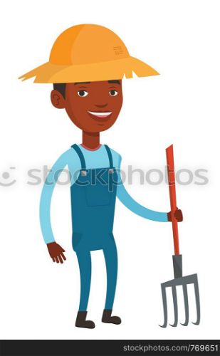 African-american farmer holding a pitchfork. Happy farmer in summer hat standing with a pitchfork. Young farmer working with a pitchfork. Vector flat design illustration isolated on white background.. Farmer with pitchfork vector illustration.