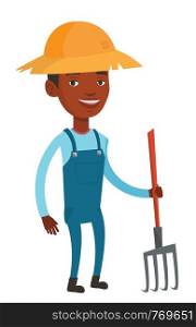 African-american farmer holding a pitchfork. Happy farmer in summer hat standing with a pitchfork. Young farmer working with a pitchfork. Vector flat design illustration isolated on white background.. Farmer with pitchfork vector illustration.