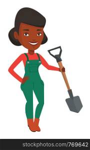 African-american farmer holding a shovel in hand. Farmer standing with shovel. Farmer is going to plow an agricultural field with shovel. Vector flat design illustration isolated on white background.. Farmer with shovel vector illustration.