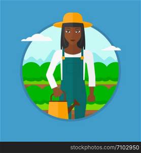 African-american farmer holding a watering can on the background of agricultural field with green bushes. Woman watering cabbage. Vector flat design illustration in the circle isolated on background.. Farmer with watering can at cabbage field.