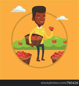 African-american farmer holding basket with tomatoes. Farmer showing red tomato on the background of field with bushes of tomatoes. Vector flat design illustration in the circle isolated on background. Farmer collecting tomatos vector illustration.