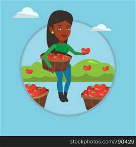 African-american farmer holding basket with tomatoes. Farmer showing red tomato on the background of field with bushes of tomatoes. Vector flat design illustration in the circle isolated on background. Farmer collecting tomatos vector illustration.