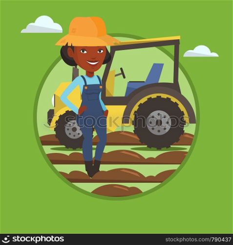 African-american farmer in summer hat standing on the background of tractor preparing land. Farmer standing in front of tractor. Vector flat design illustration in the circle isolated on background.. Farmer standing with tractor on background.