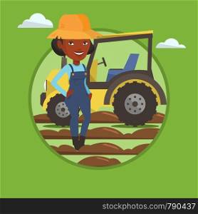 African-american farmer in summer hat standing on the background of tractor preparing land. Farmer standing in front of tractor. Vector flat design illustration in the circle isolated on background.. Farmer standing with tractor on background.