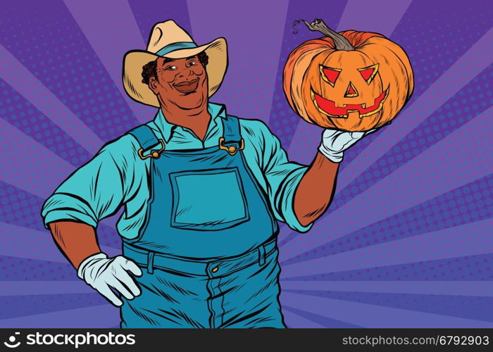 African American farmer with a Halloween pumpkin, pop art retro vector illustration