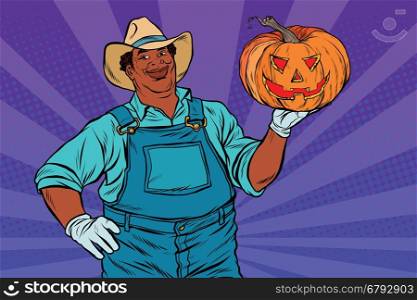 African American farmer with a Halloween pumpkin, pop art retro vector illustration