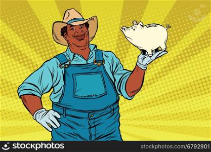 African American farmer with a pig-piggy Bank, pop art retro vector illustration