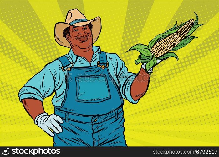 African American farmer with corn on the cob, pop art retro vector illustration