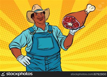 African American farmer with meat foot, pop art retro vector illustration