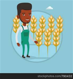African-american farmer working in wheat field. Farmer standing on the background of wheat field. Farmer checking wheat harvest. Vector flat design illustration in the circle isolated on background.. Farmer in wheat field vector illustration.