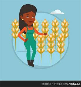 African-american farmer working in wheat field. Farmer standing on the background of wheat field. Farmer checking wheat harvest. Vector flat design illustration in the circle isolated on background.. Farmer in wheat field vector illustration.