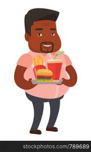 African-american fat man having a lunch in a fast food restaurant. Happy fat man holding tray with fast food. Fat man eating fast food. Vector flat design illustration isolated on white background.. Man holding tray full of fast food.