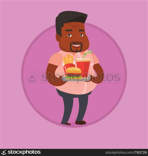 African-american fat man holding tray with fast food. Plump man having lunch in a fast food restaurant. Plump man with fast food. Vector flat design illustration in the circle isolated on background.. Man holding tray full of fast food.