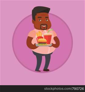 African-american fat man holding tray with fast food. Plump man having lunch in a fast food restaurant. Plump man with fast food. Vector flat design illustration in the circle isolated on background.. Man holding tray full of fast food.