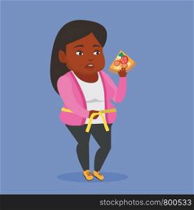 African-american fat woman with slice of pizza measuring a waistline. Fat woman measuring a waistline with tape. Fat woman with centimeter on waistline. Vector flat design illustration. Square layout. Woman measuring waist vector illustration.