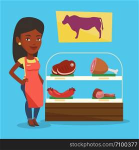 African-american female butcher offering meat in butchery. Butcher at work at the counter in butchery. Butcher standing on the background of storefront. Vector flat design illustration. Square layout.. Butcher offering fresh meat in butchershop.
