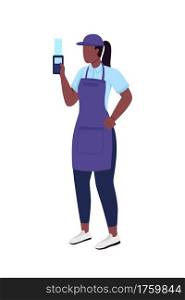 African american female cashier flat color vector faceless character. Grocery shop employee in uniform. Essential worker isolated cartoon illustration for web graphic design and animation. African american female cashier flat color vector faceless character