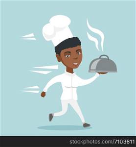 African-american female chef cook in a hat and white uniform running with a hot dish with smoke. Young chef cook holding a just cooked restaurant dish. Vector cartoon illustration. Square layout.. Young african-american chef cook running with dish