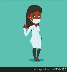 African-american female doctor in mask giving thumbs up. Female doctor in medical gown showing thumbs up gesture. Female doctor with gesture thumb up. Vector flat design illustration. Square layout.. Doctor giving thumbs up vector illustration.