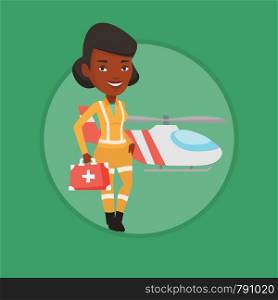 African-american female doctor of air ambulance standing in front of rescue helicopter. Doctor of air ambulance with first aid box. Vector flat design illustration in the circle isolated on background. Doctor of air ambulance vector illustration.