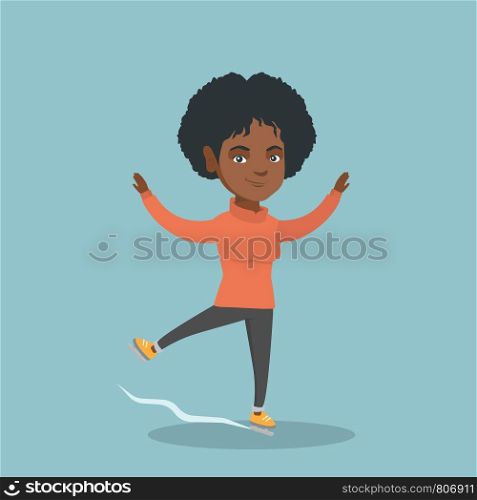 African-american female figure skater performing on the ice skating rink. Young figure skater dancing. Professional figure skater posing on skates. Vector cartoon illustration. Square layout.. Young african-american female figure skater.