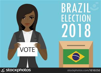 African american Female holding paper with text-vote, ballot box with brazilian flag and inscription -brazil election 2018, flat vector illustration