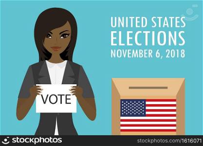 African american Female holding paper with text-vote, ballot box with usa flag and inscription -united states elections 2018, flat vector illustration