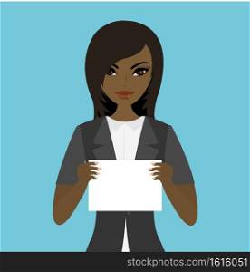 African american Female holding white paper template, flat vector illustration