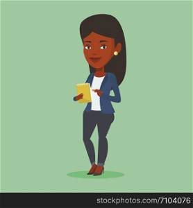 African-american female journalist writing notes on the notepad. Young journalist writing in notebook with pencil. Journalist writing notes with pencil. Vector flat design illustration. Square layout. Journalist writing in notebook with pencil.