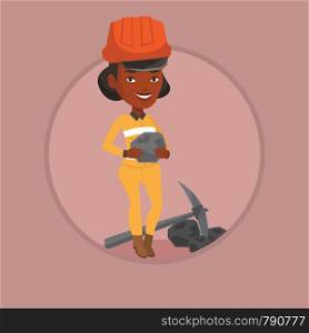 African-american female miner in hard hat holding coal in hands. Female miner with a pickaxe. Young miner working at coal mine. Vector flat design illustration in the circle isolated on background.. Miner holding coal in hands vector illustration.
