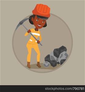 African-american female miner in hard hat working with pickaxe. Female miner working at the coal mine. Young female miner at work. Vector flat design illustration in the circle isolated on background.. Miner working with pickaxe vector illustration.