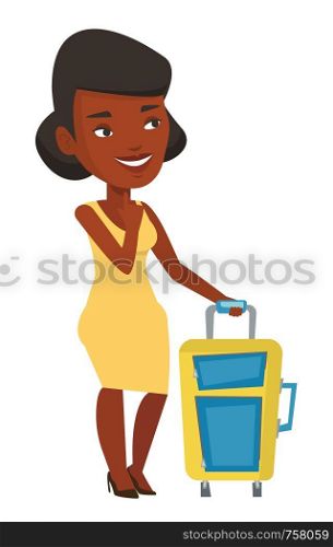 African-american female passenger waiting for a flight. Full length of female passenger standing with suitcase and pointing forefinger up. Vector flat design illustration isolated on white background.. Young african passenger waiting for flight.