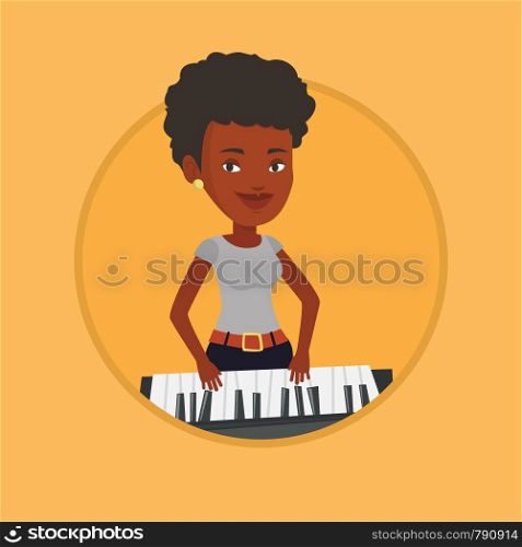 African-american female pianist playing on synthesizer. Young smiling musician playing piano. Pianist playing upright piano. Vector flat design illustration in the circle isolated on background.. Woman playing piano vector illustration.