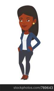 African-american female school teacher standing with hands on hips. Young smiling student. Education and learning concept. Vector flat design illustration isolated on white background.. African-american female school teacher.