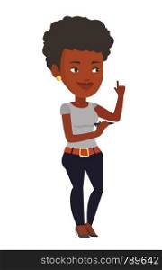 African-american female school teacher standing with pen in hand. School teacher pointing forefinger up. Education and learning concept. Vector flat design illustration isolated on white background.. School teacher or student pointing finger up.