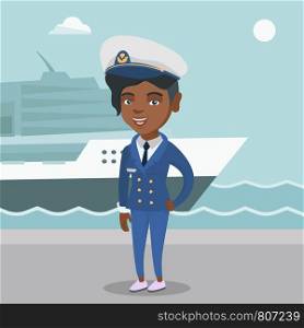 African-american female ship captain standing on the background of sea and cruise ship. Young ship captain in uniform standing on the seacoast background. Vector cartoon illustration. Square layout.. African ship captain in uniform at the port.